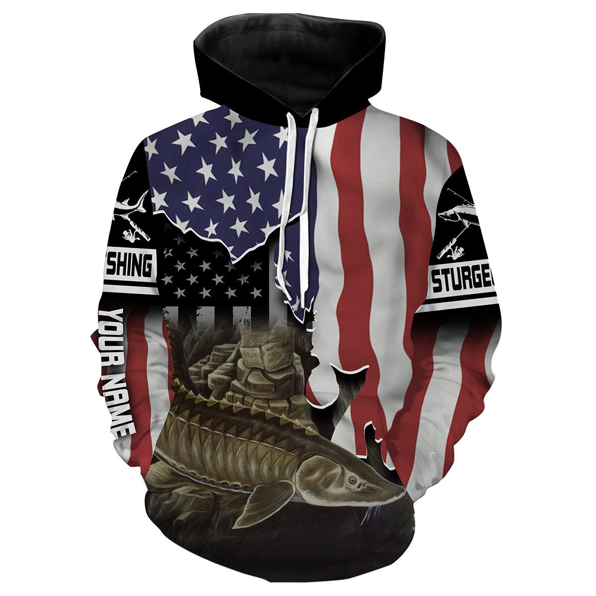 Sturgeon Fishing American Flag Custom Long Sleeve Fishing Shirts Hoodie