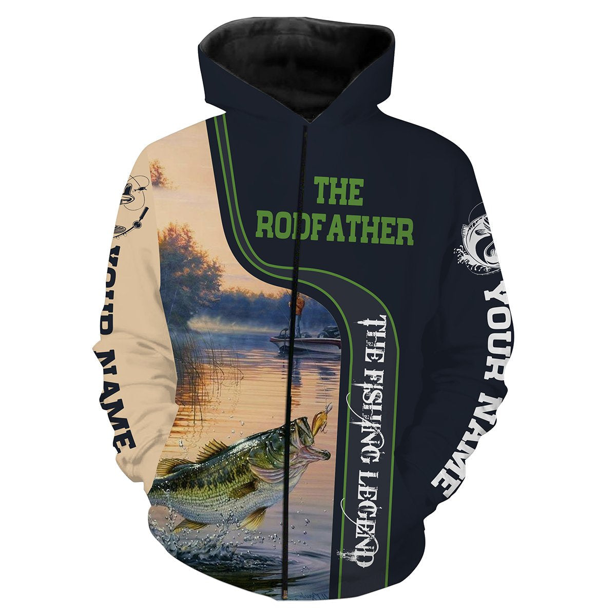 Largemouth Bass Fishing legend The Rodfather Custom name All over print shirts - fishing gift for men Zip up hoodie