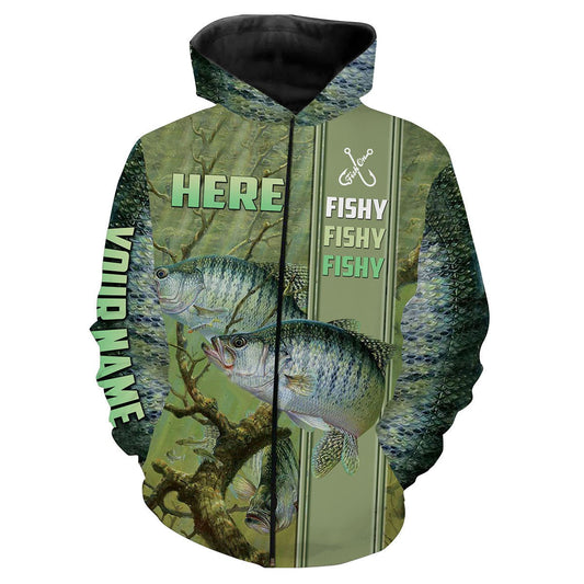 Crappie Fishing Scale Here Fishy Fishy Fishy Customize name All over print shirts - personalized fishing gift for men Zip up hoodie