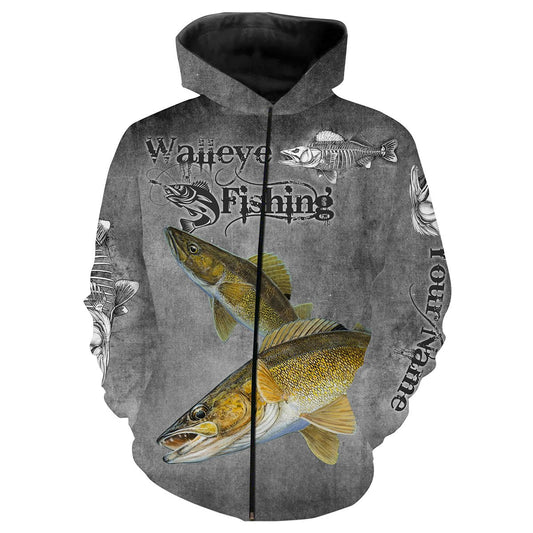 Walleye Fishing Skull Customize name All over print shirts - personalized fishing gift for men and women - IPH1088 Zip up hoodie