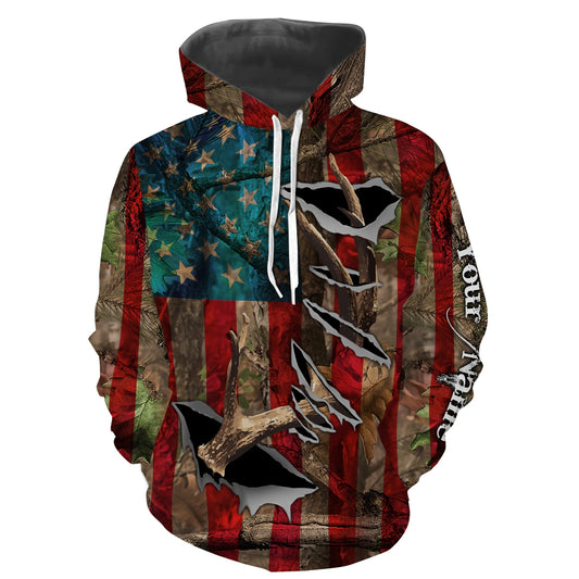 American Flag Deer Horn Hunting Shirts, Personalized Patriotic Hunting Gifts For Hunters, Hunting Camo Clothing - IPHW720