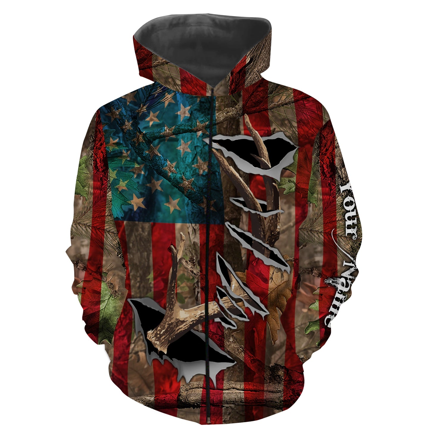 American Flag Deer Horn Hunting Shirts, Personalized Patriotic Hunting Gifts For Hunters, Hunting Camo Clothing - IPHW720