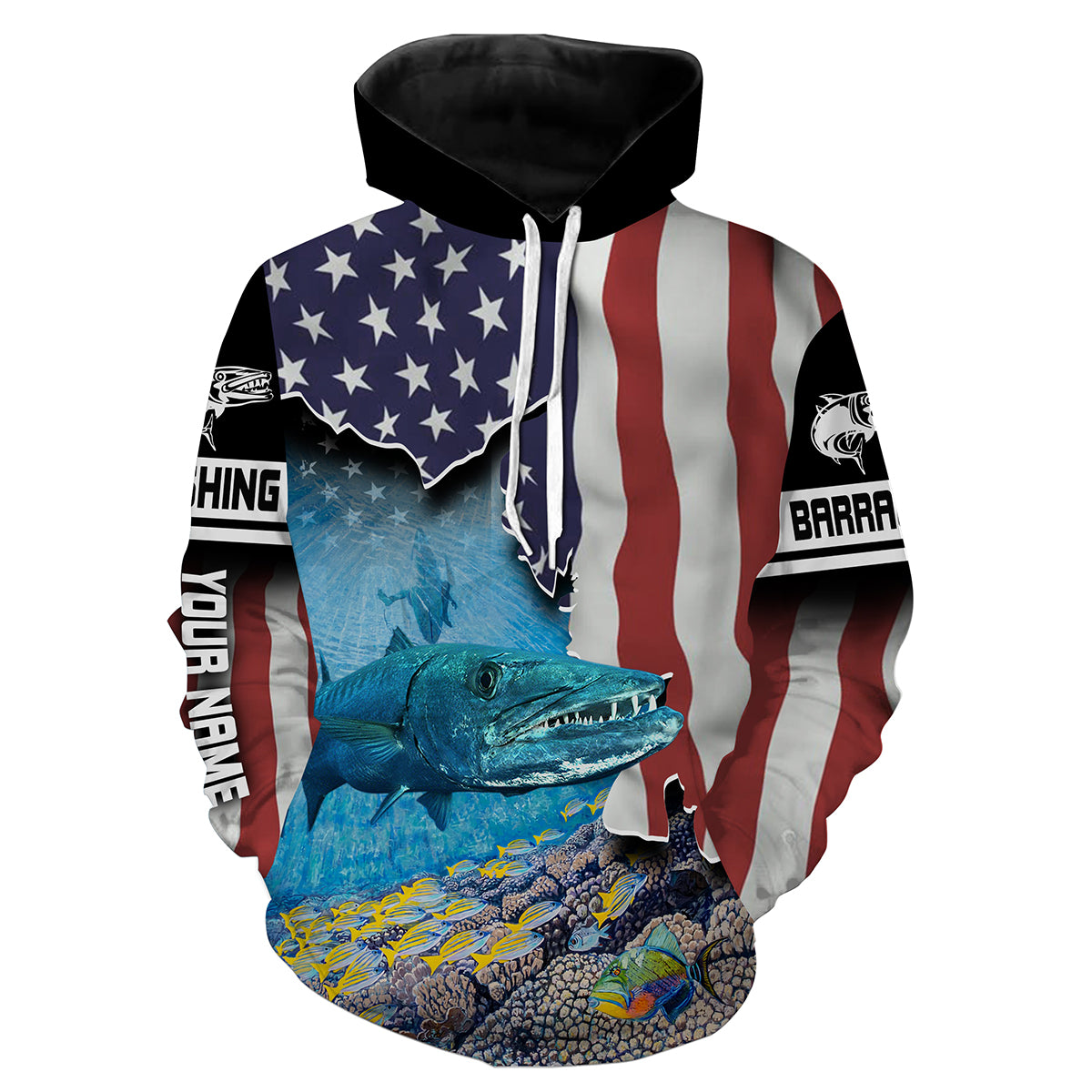 Great Barracuda Fishing American Flag Custom Long Sleeve Fishing Shirts