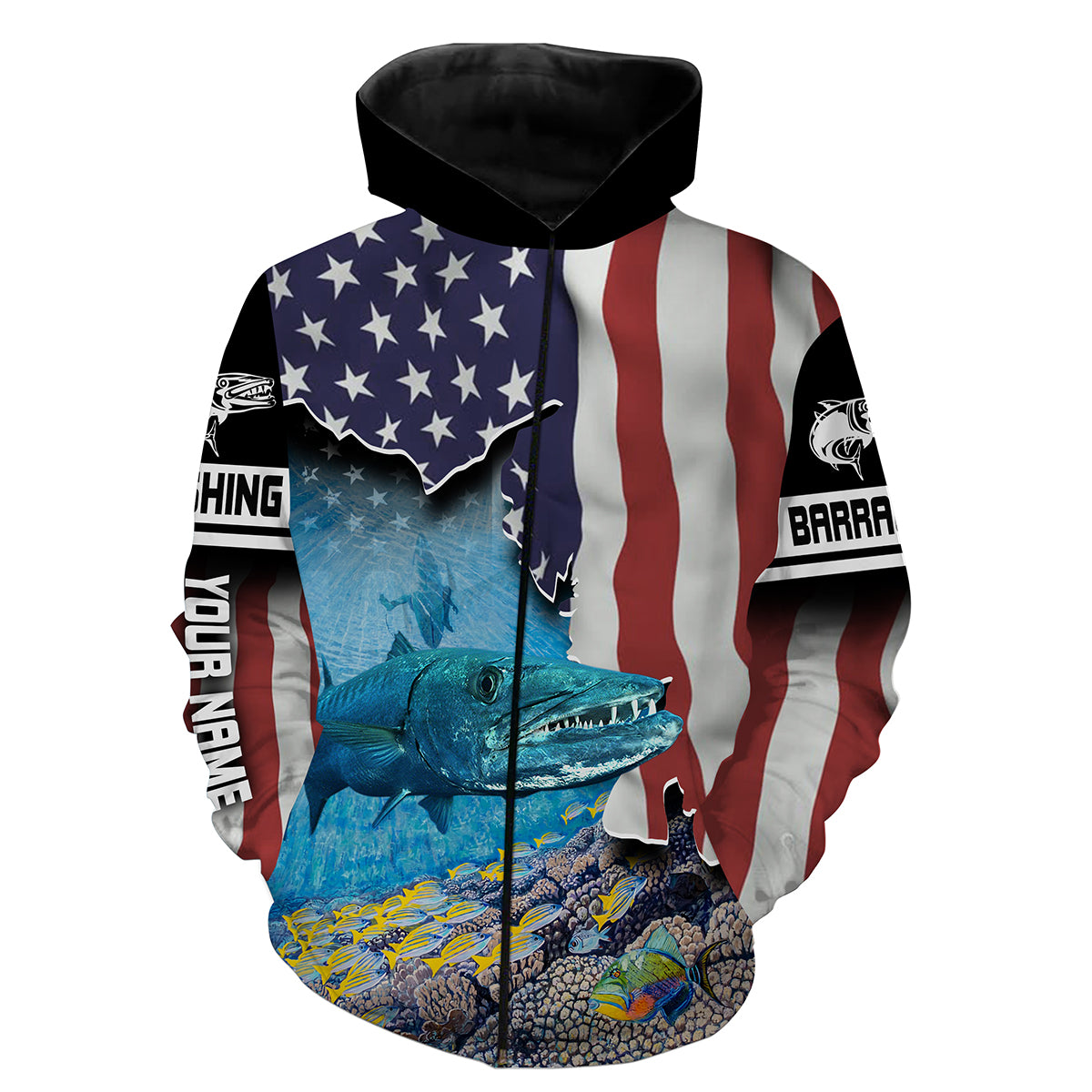 Great Barracuda Fishing American Flag Custom Long Sleeve Fishing Shirts