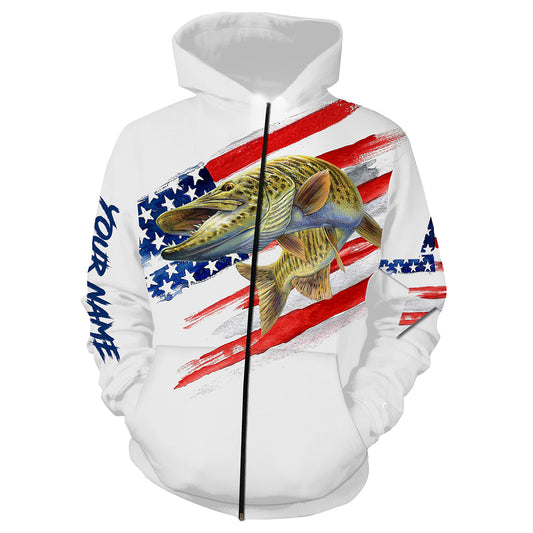 Musky (Muskie) Fishing American Flag Patriot Custom name All over print shirts - personalized 4th of July fishing gift for men Zip up hoodie