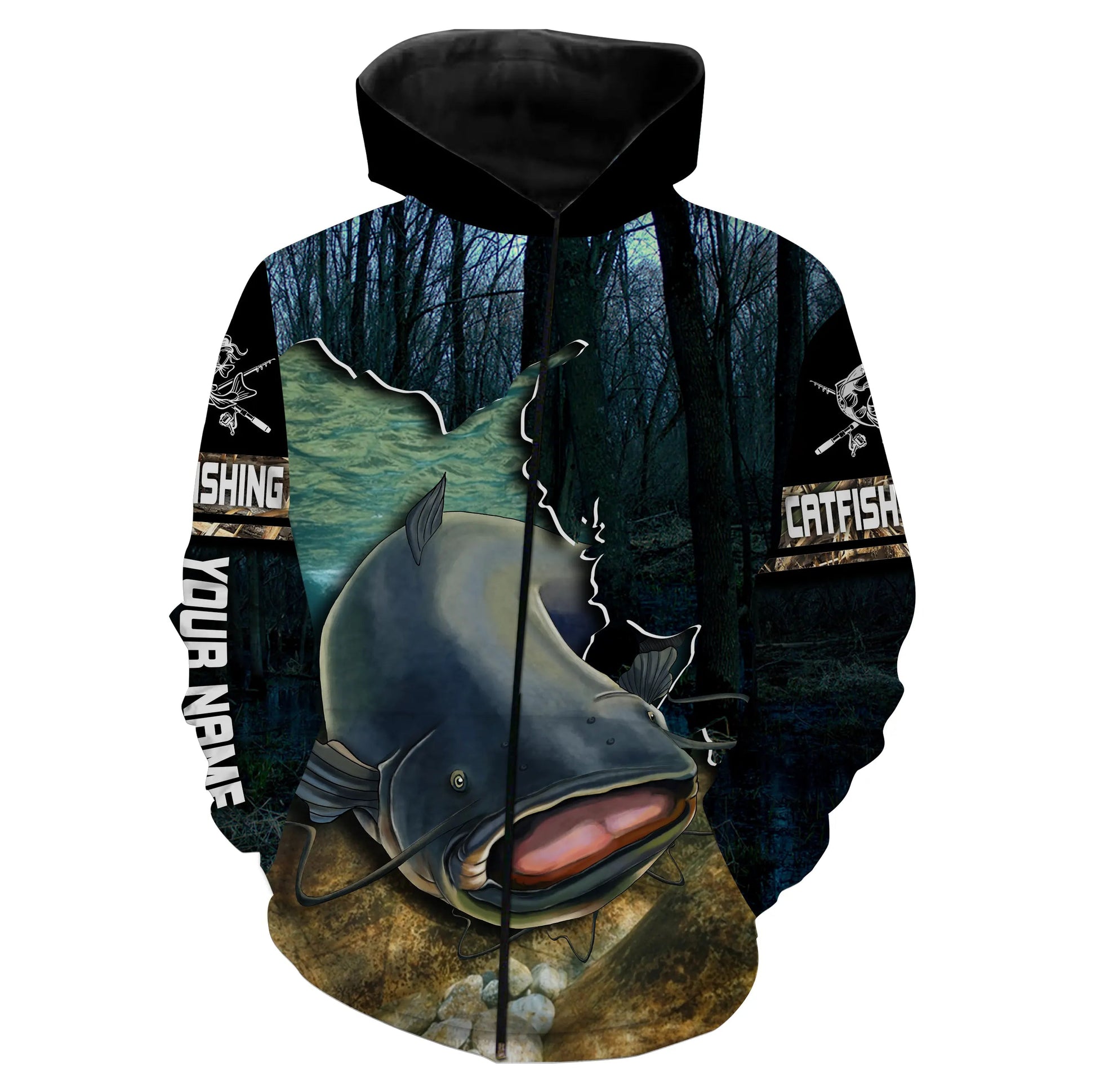 Flathead Catfish Fishing Camo Custom name All over print shirts - personalized fishing gift for men Zip up hoodie