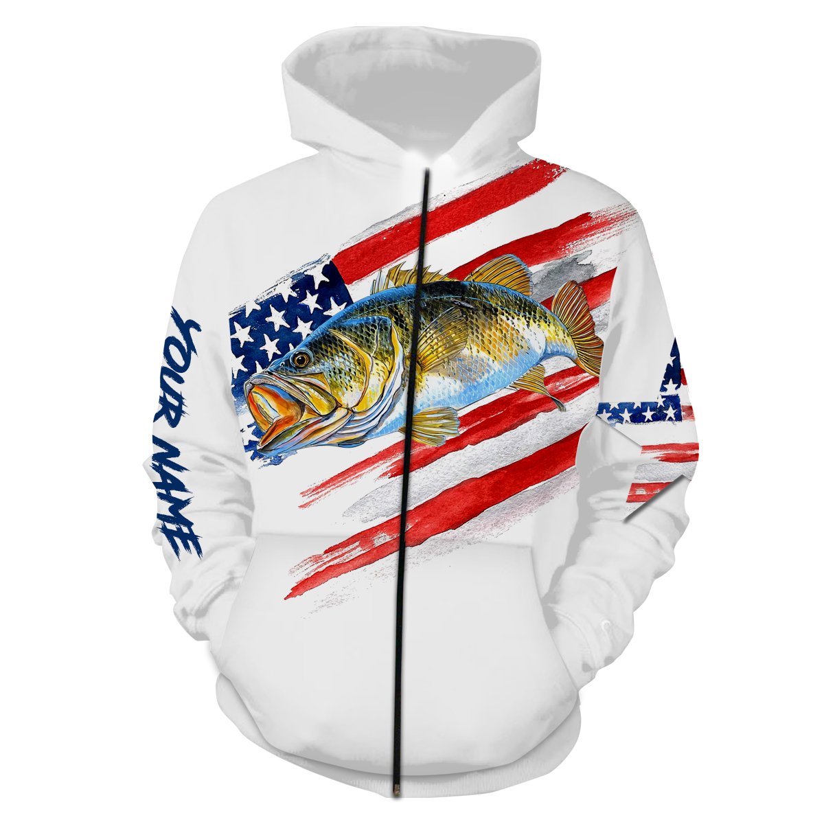 Bass Fishing American Flag Patriot Custom name All over print shirts - personalized 4th of July fishing gift for men Zip up hoodie