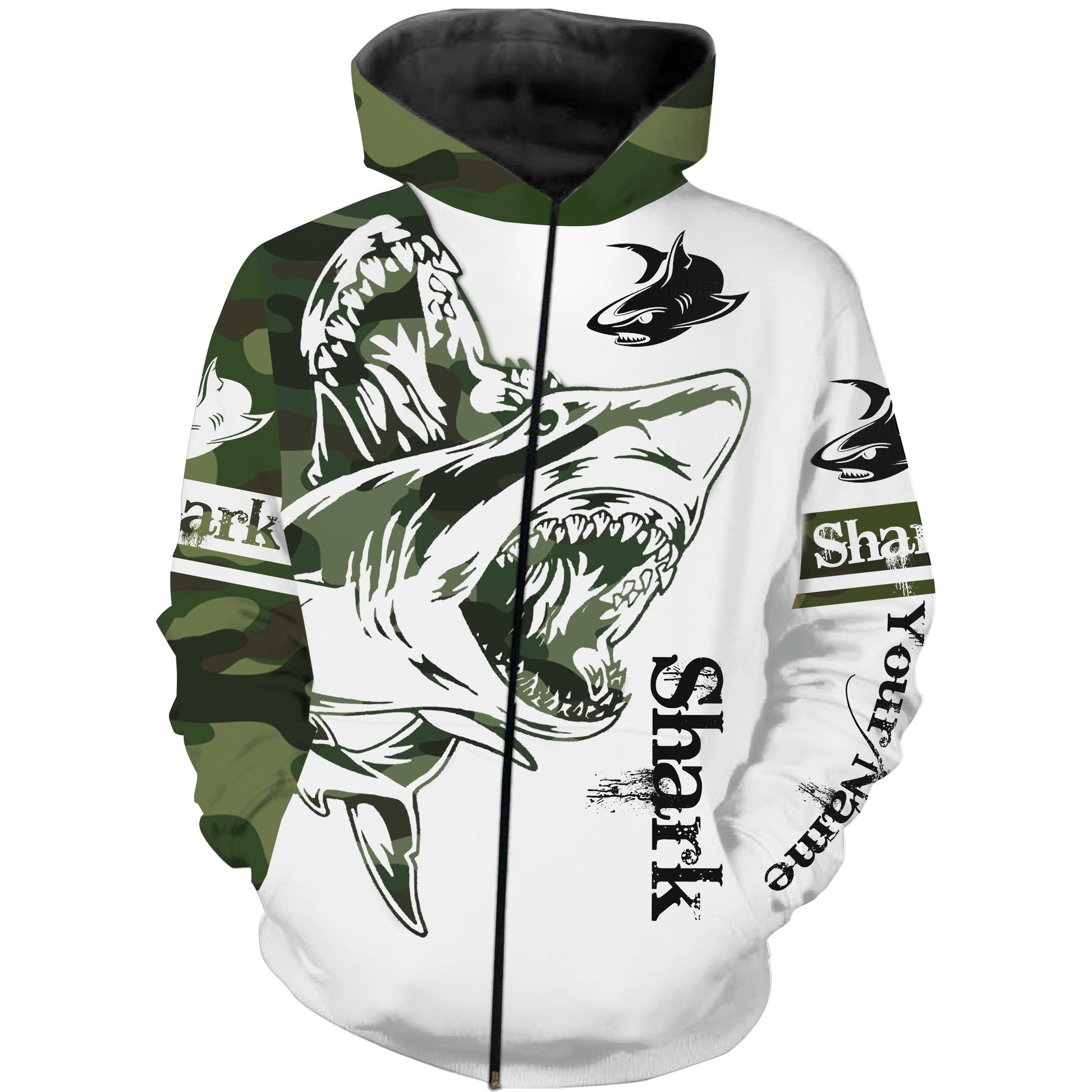 Shark Fishing Tattoo Green Camo Customize Name 3D All Over Print Shirts Nqs662 Zip Up Hoodie Zip Up Hoodie