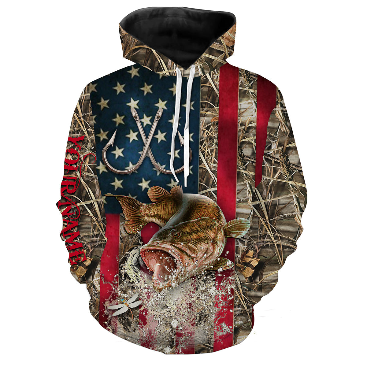 Largemouth Bass Fishing American Flag Fish Hook Camo Customize Name 3D All Over Print Shirts  Hoodie Hoodie