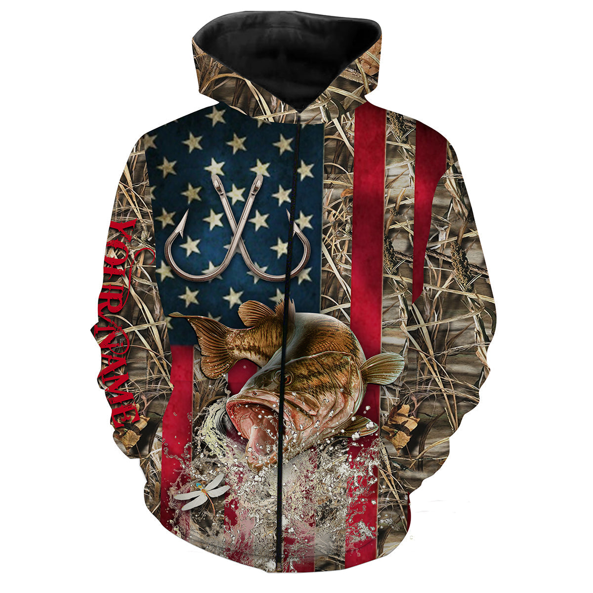 Largemouth Bass Fishing American Flag Fish Hook Camo Customize Name 3D All Over Print Shirts  Zip Up Hoodie Zip Up Hoodie