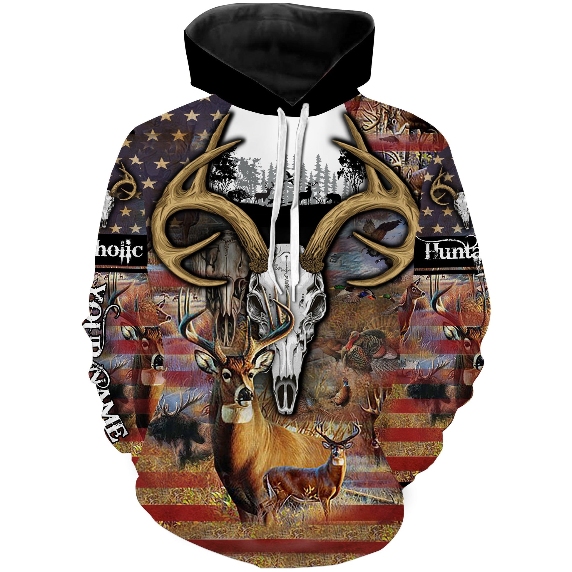 Personalized Deer Skull Hunting American Flag All Over Printed Hunting Shirts For Men Hoodie Hoodie