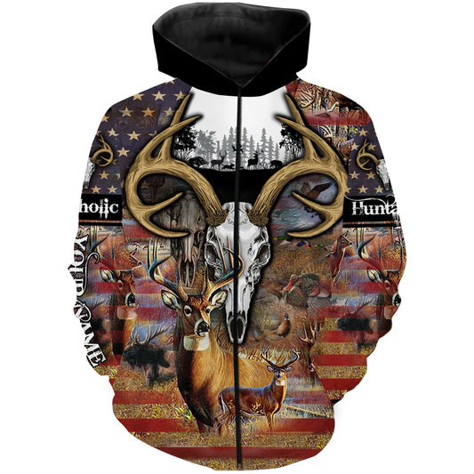 Personalized Deer Skull Hunting American Flag All Over Printed Hunting Shirts For Men Zip Up Hoodie Zip Up Hoodie