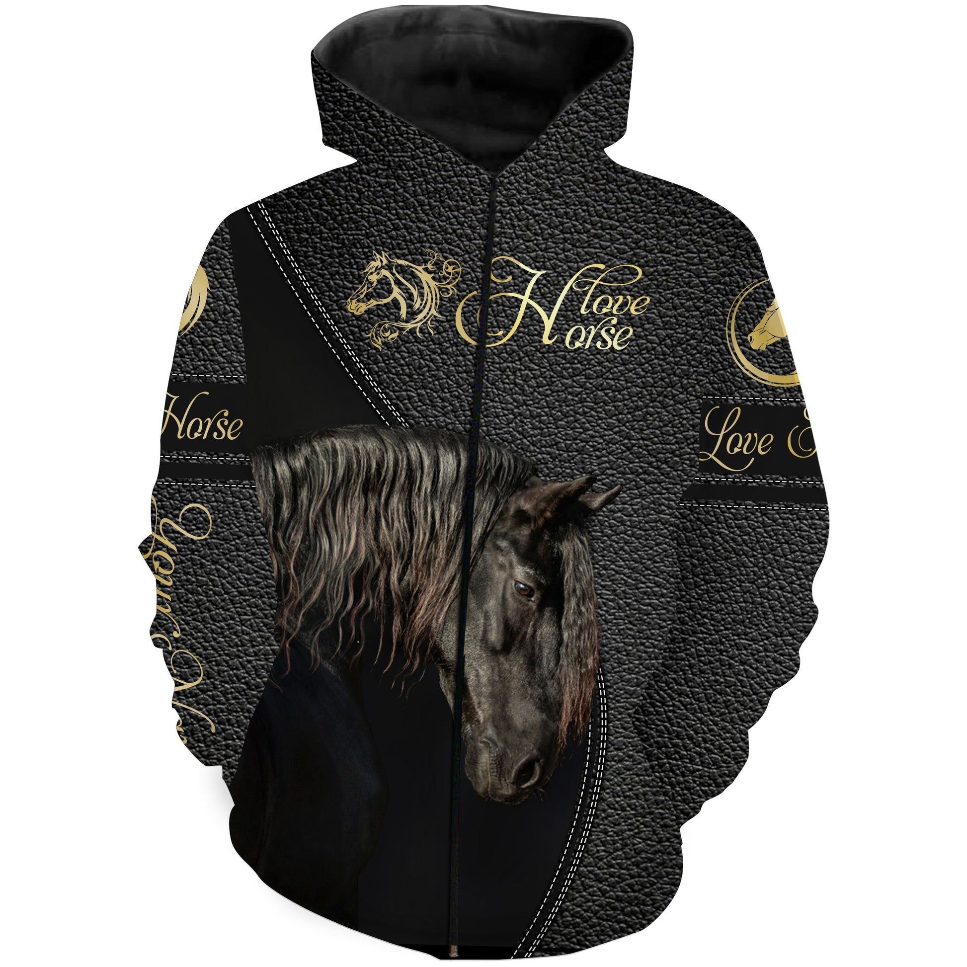 Personalized Black Friesian Horse Love Horse Full Printing Zip Up Hoodie Zip Up Hoodie