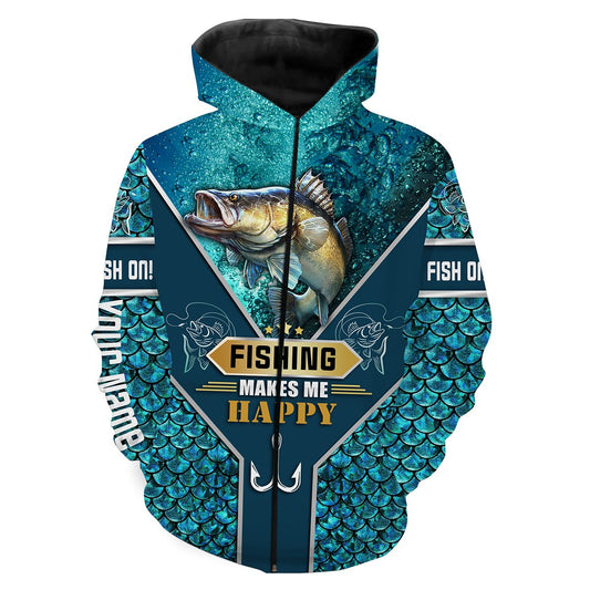 Walleye Fishing Makes Me Happy Customized Name 3D All Over Print Shirts Nqs552 Zip Up Hoodie Zip Up Hoodie