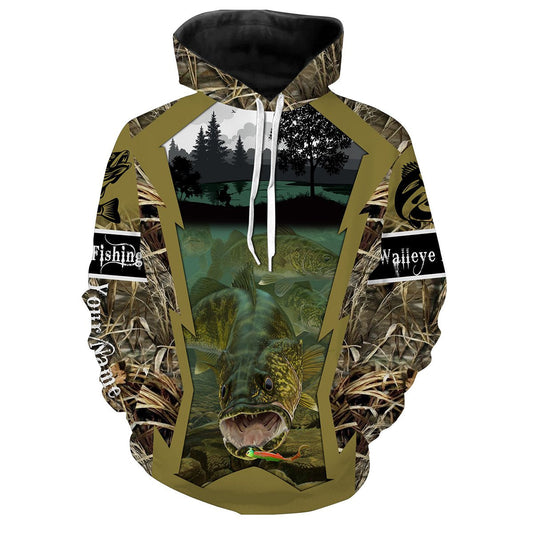 Walleye Fishing Customize Name Camo 3D All Over Printed Shirts Personalized Gift For Adult And Kid NQS456 Hoodie