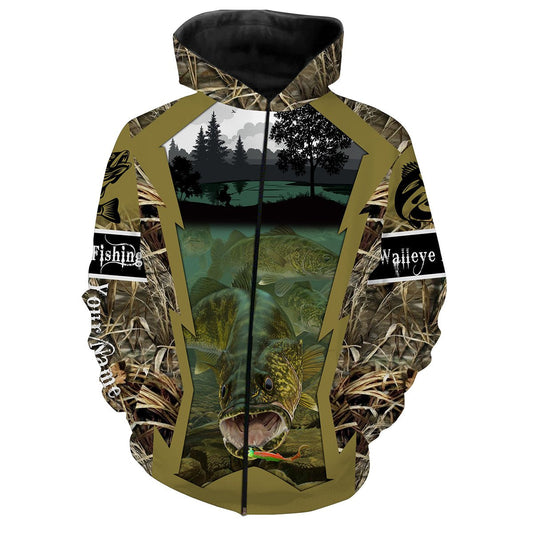 Walleye Fishing Customize Name Camo 3D All Over Printed Shirts Personalized Gift For Adult And Kid NQS456 Zip up hoodie