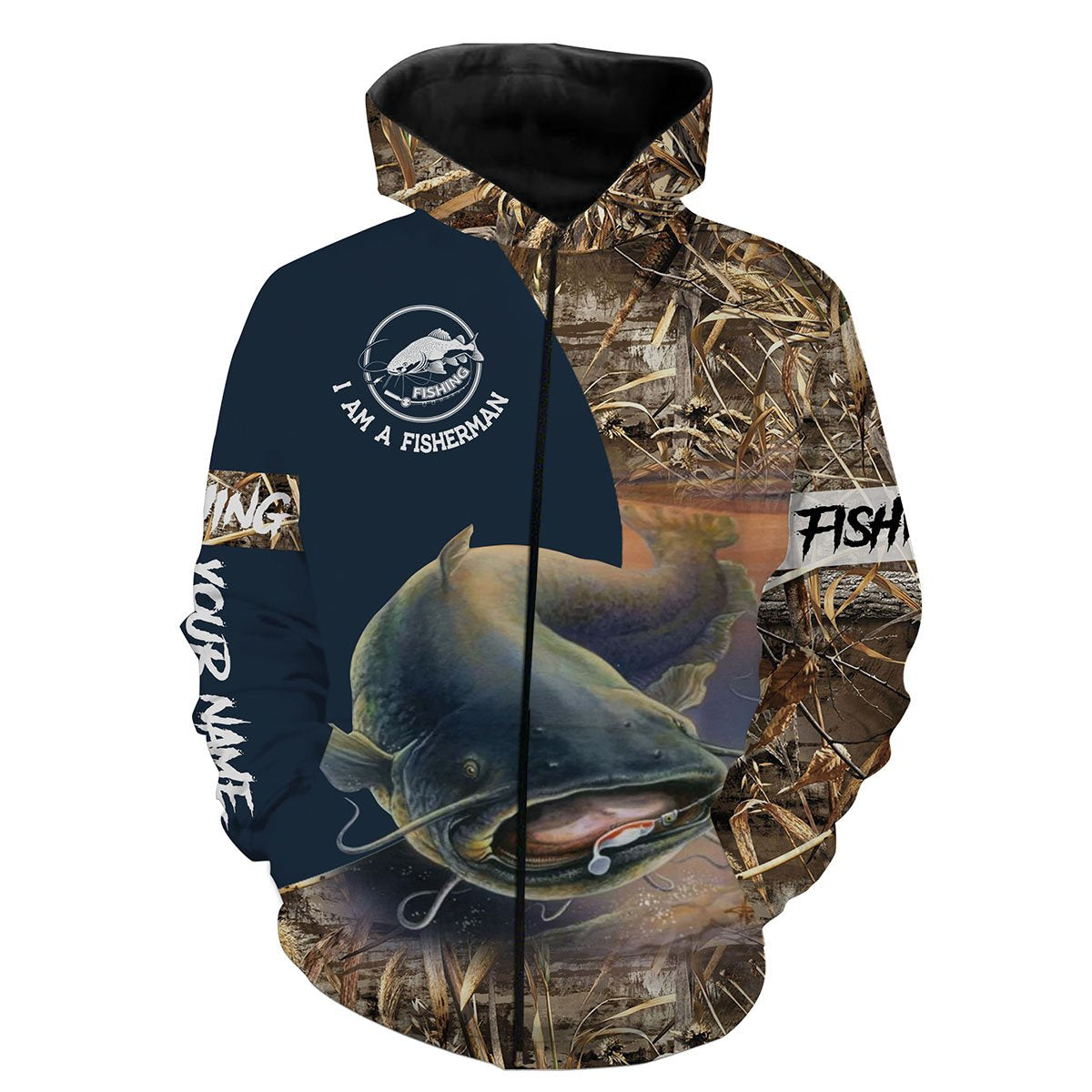 Catfish Fishing I am a fisherman Customize Name 3D All Over Printed Shirts For Adult And Kid Personalized Fishing Gift NQS590 Zip up hoodie