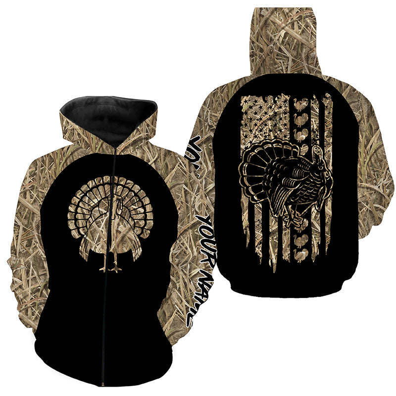 Turkey Hunting Camo American Flag Custom Name 3D All Over Print Shirts  Zip Up Hoodie Zip Up Hoodie