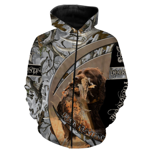 Duck Hunting With Dog Boykin Spaniel winter waterfowl camo Customize Name 3D All Over Printed Shirt NQS3774