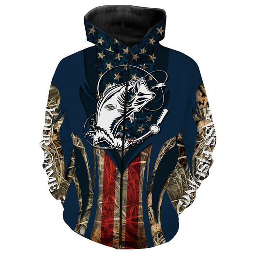 Largemouth Bass Fishing 3D American Flag Customize Name All Over Print Shirts Nqs491 Zip Up Hoodie Zip Up Hoodie