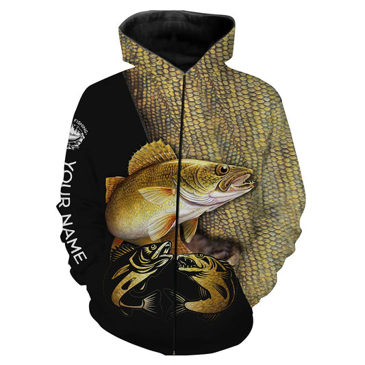 Walleye fishing customize name all over print shirts personalized fishing gift NQS228 Zip up hoodie