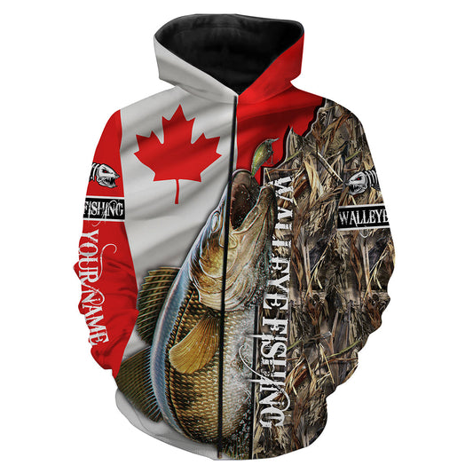 Walleye Fishing Canada Flag Custom name All over print shirts - personalized fishing gift for men Zip up hoodie