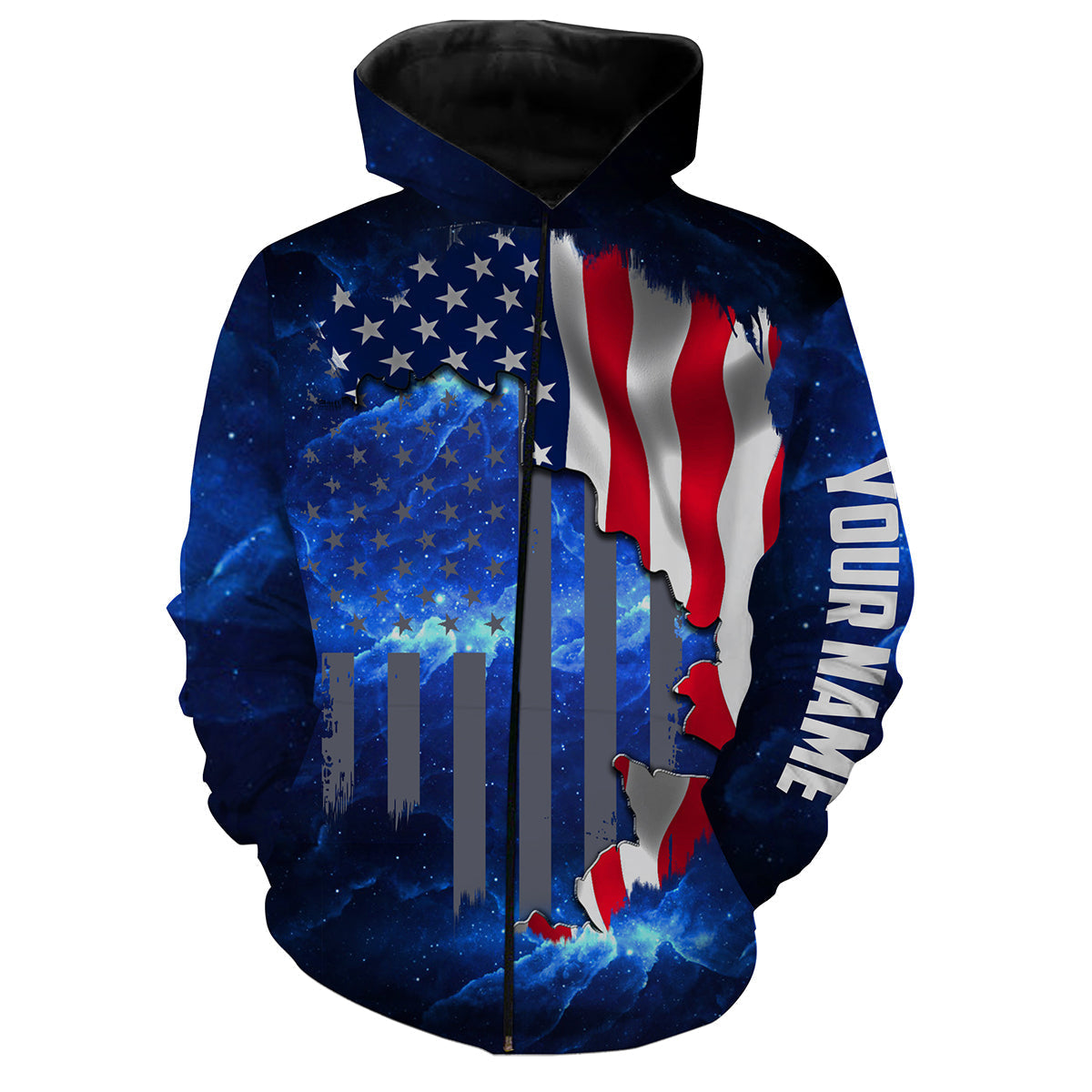 American Flag Universe patriotic Custom name All over print shirts - personalized fishing gift for men Zip up hoodie