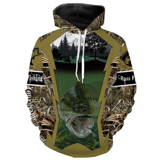 Largemouth Bass Fishing Customize Name Camo 3D All Over Printed Shirts Personalized Gift For Adult And Kid NQS502