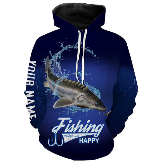 Fishing Makes Me Happy Sturgeon Fishing 3D All Over printed Customized Name Shirts For Adult And Kid NQS312 Hoodie