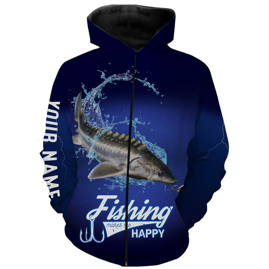 Fishing Makes Me Happy Sturgeon Fishing 3D All Over printed Customized Name Shirts For Adult And Kid NQS312 Zip up hoodie