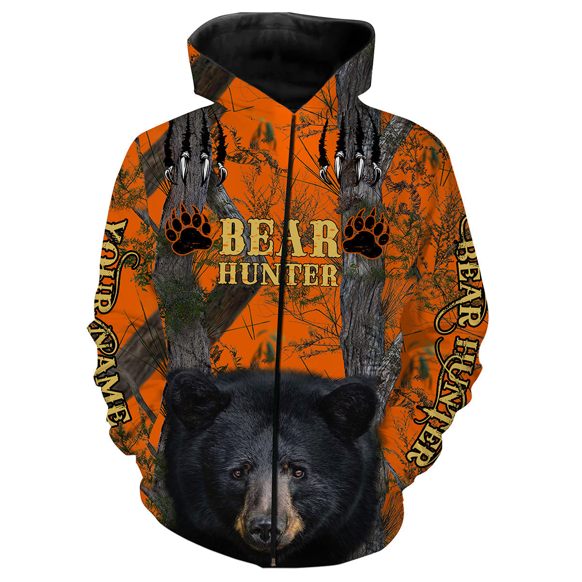 Black Bear Hunting Customize Name 3D All Over Printed Shirts Personalized Hunting gift For Adult And Kid NQS637 Zip up hoodie