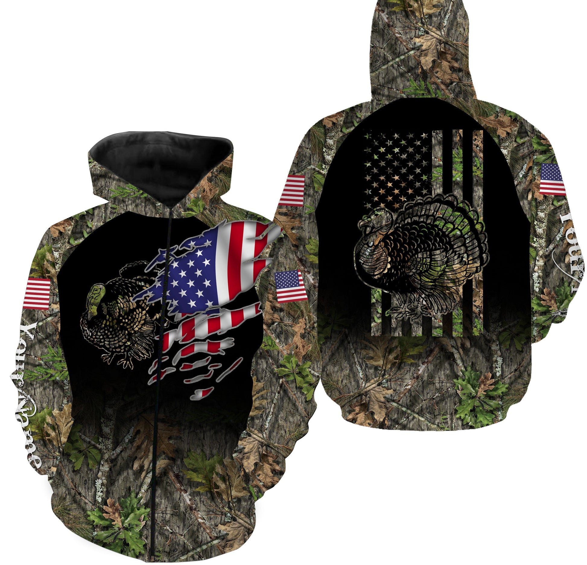 Wild Turkey hunting clothes US flag hunting camo Customize Name 3D All Over Printed Shirts plus size Personalized Hunting gift NQS2701 Zip up hoodie