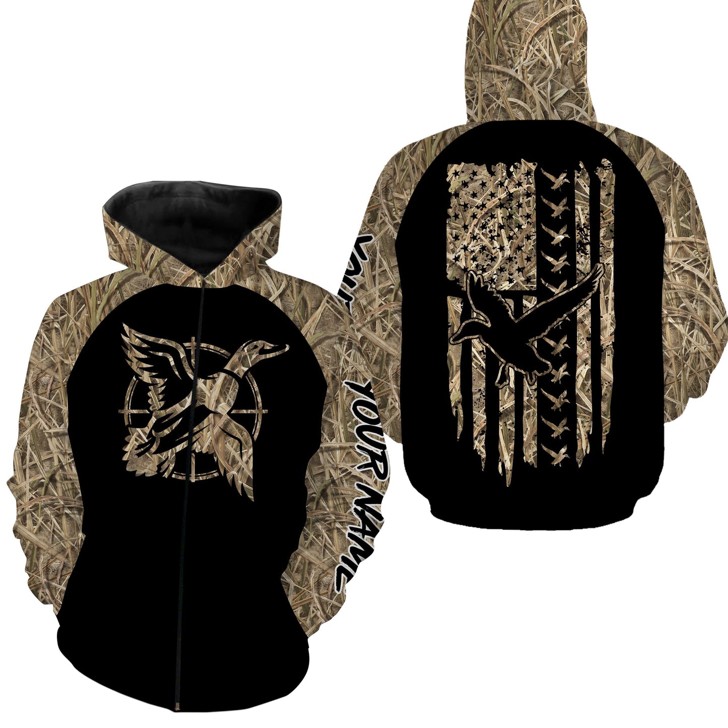 Duck hunting Waterfowl Camo American flag Customize Name 3D All Over Printed Shirts Personalized Hunting gift For Adult And Kid NQS2419 Zip up hoodie