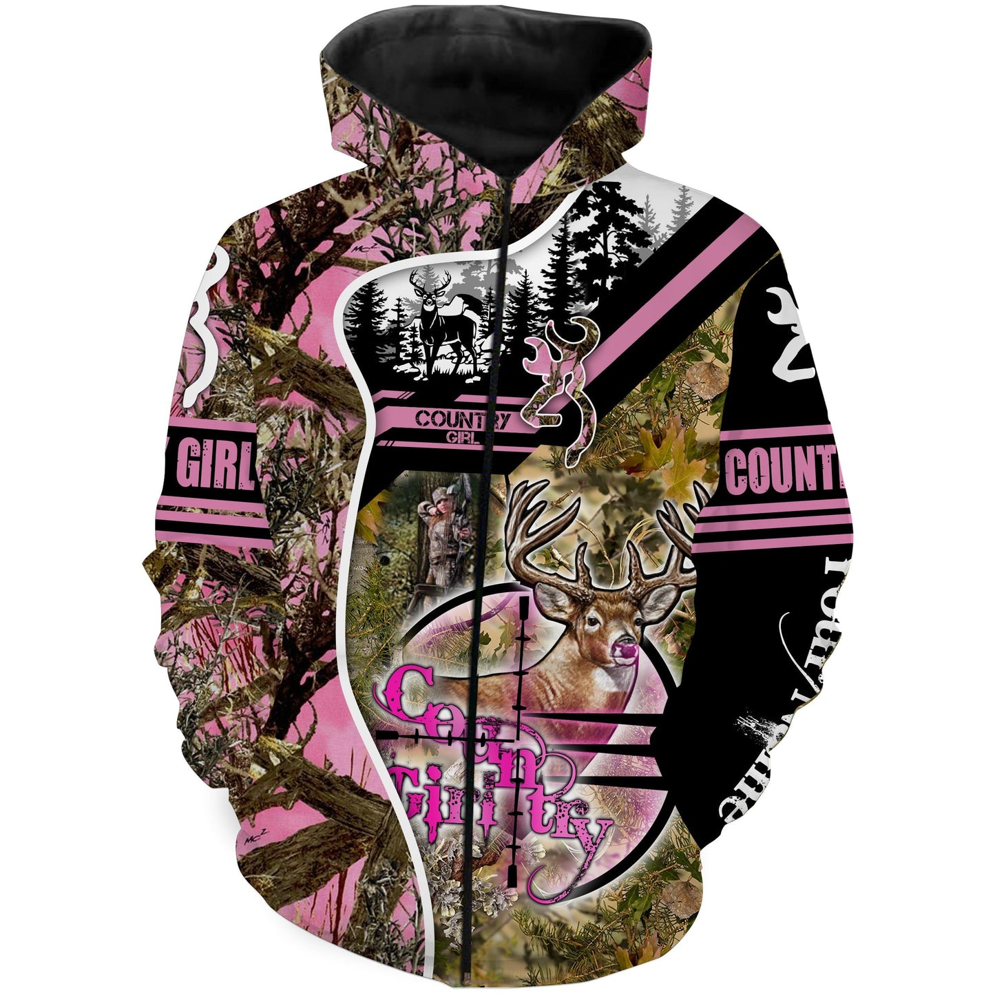 Country Girl Deer Hunting Pink Muddy Camo Custom Name 3D All Over Print Shirts Zip Up Hoodie Zip Up Hoodie