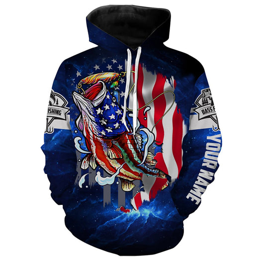 Bass Fishing 3D American Flag patriotic Customize name All over print shirts - personalized fishing gift for men and women and Kid - NQS387 Hoodie