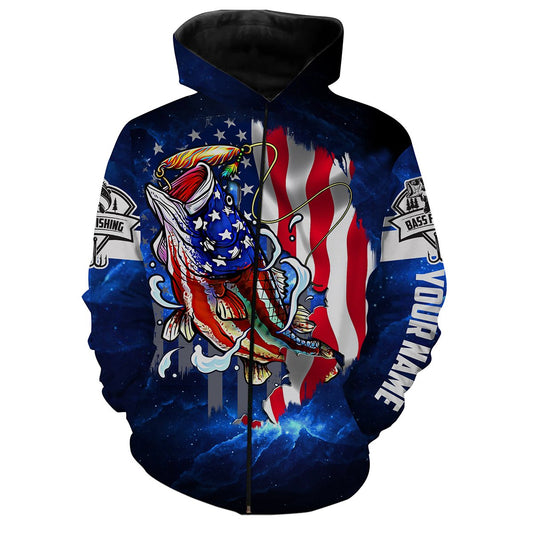 Bass Fishing 3D American Flag patriotic Customize name All over print shirts - personalized fishing gift for men and women and Kid - NQS387 Zip up hoodie