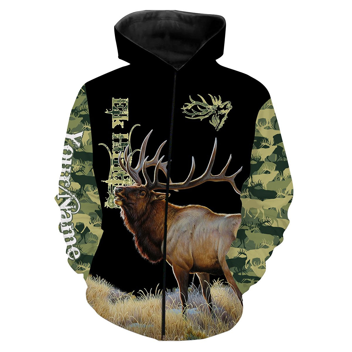 Elk Hunting Green Camo 3D All Over print shirts personalized hunting apparel for Adult and kid NQS535 Zip up hoodie