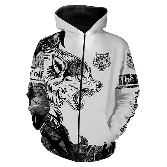 Wolf hunting grey camo custom name 3D All Over Printed Shirts, Personalized gifts for wolf lovers NQS4287 Zip up hoodie