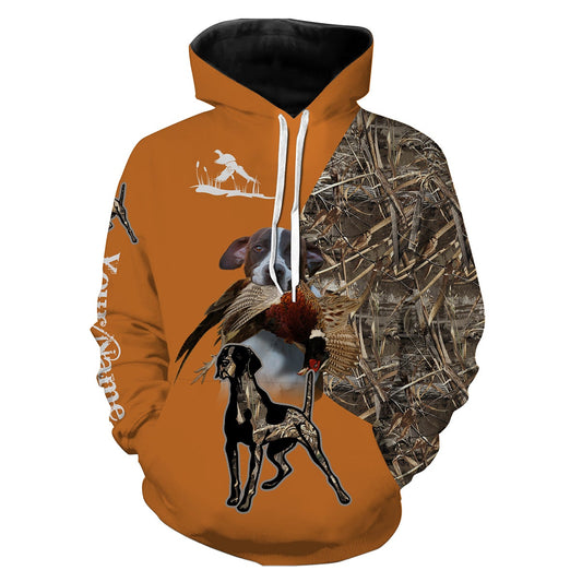 Pheasant Hunting with English Pointer Custom Name orange Camo Full Printing Shirts, bird hunting dogs Hunting Gifts NQS2774