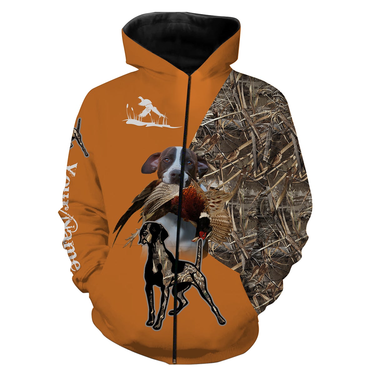 Pheasant Hunting with English Pointer Custom Name orange Camo Full Printing Shirts, bird hunting dogs Hunting Gifts NQS2774