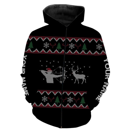 Funny Ugly Sweater Pattern Bow Hunter Deer Hunting Customized Name All Over Print Shirts Zip Up Hoodie Zip Up Hoodie