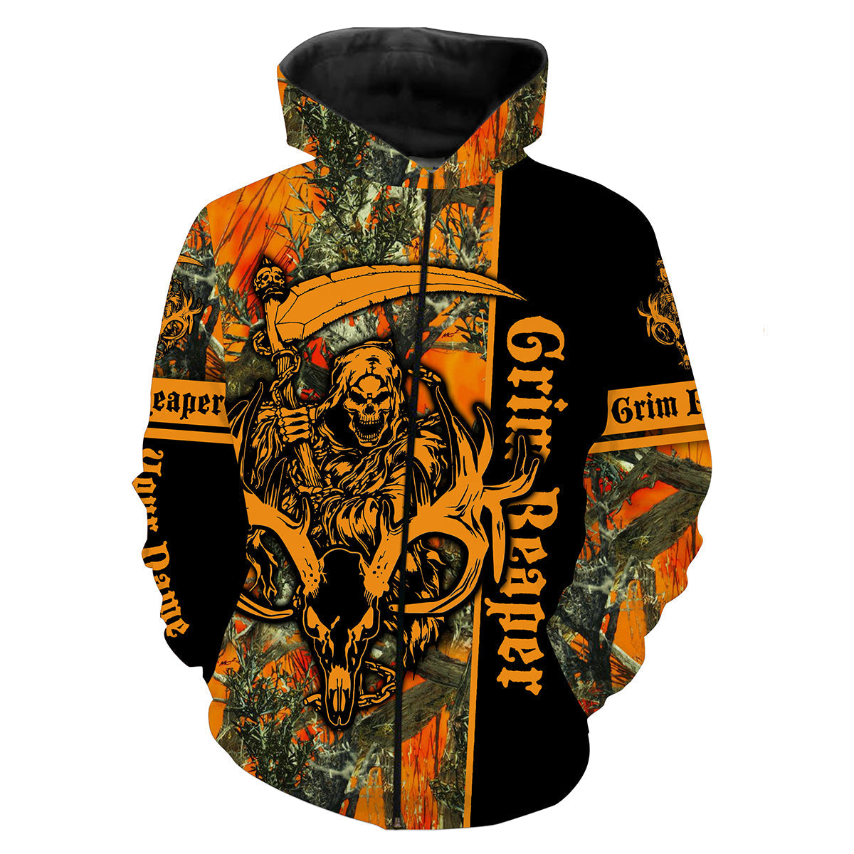 Deer Hunting Big Game Orange Muddy Camo Grim Reaper Custom Name 3D All Over Print Shirts Zip Up Hoodie Zip Up Hoodie