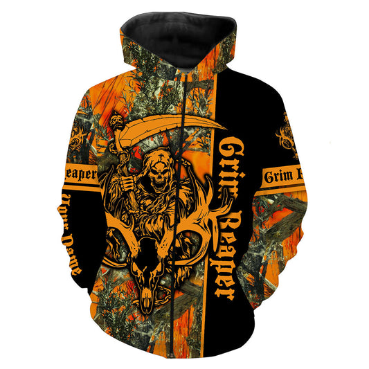 Deer Hunting Big Game Orange Muddy Camo Grim Reaper Custom Name 3D All Over Print Shirts Zip Up Hoodie Zip Up Hoodie