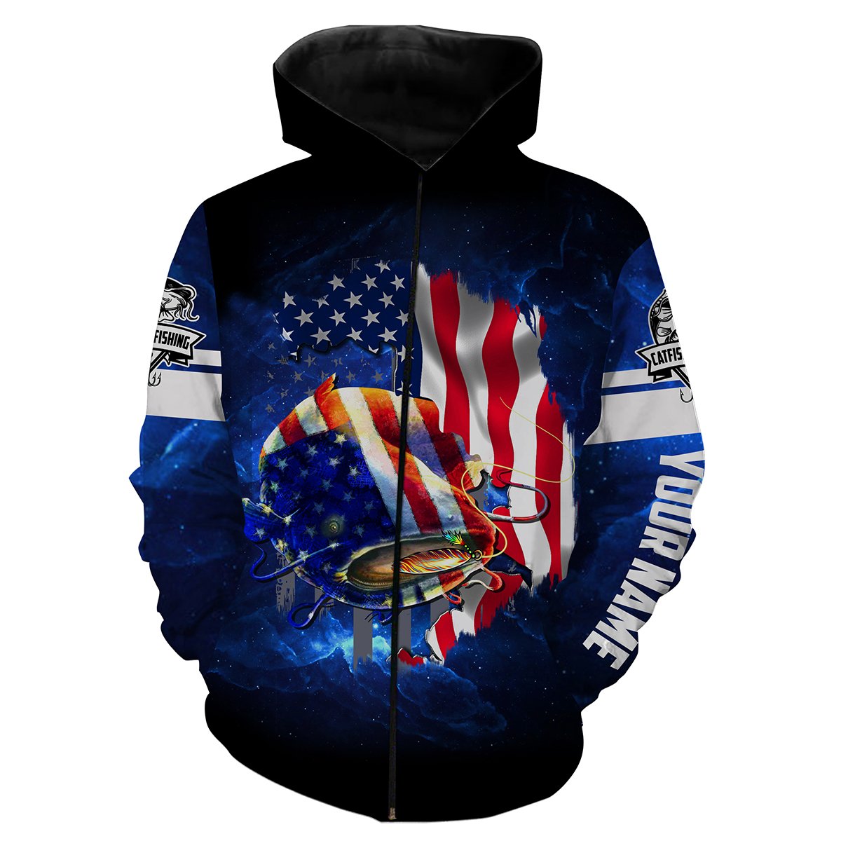 Catfish Fishing 3D American Flag patriotic Customize name All over print shirts - personalized fishing gift for men and women and Kid - NQS436 Zip up hoodie