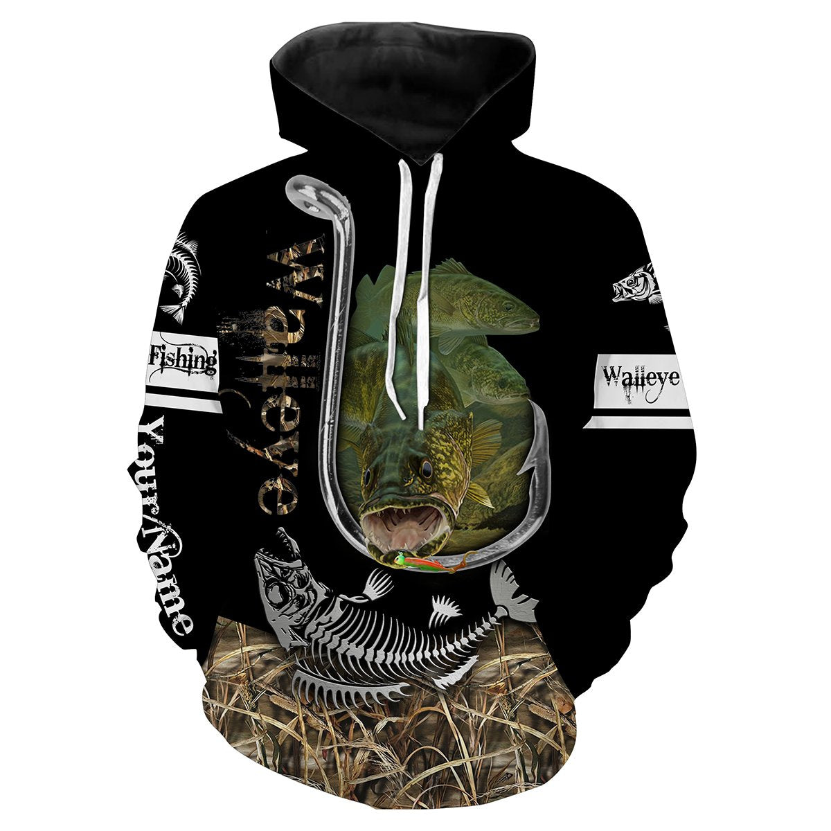 Walleye Hook On Fishing Customize Name Camo 3D All Over Printed Shirts Personalized Gift For Men Hoodie Hoodie