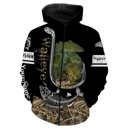 Walleye Hook On Fishing Customize Name Camo 3D All Over Printed Shirts Personalized Gift For Men Zip Up Hoodie Zip Up Hoodie