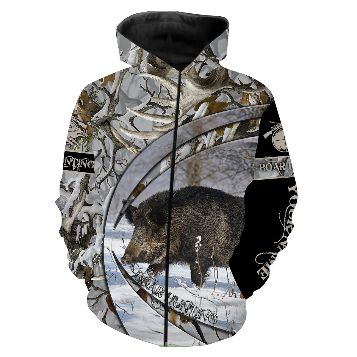 Wild boar hunting snow winter camo Customize Name 3D All Over Printed Shirt plus size Personalized Hunting gift For men, women, kid NQS2629 Zip up hoodie