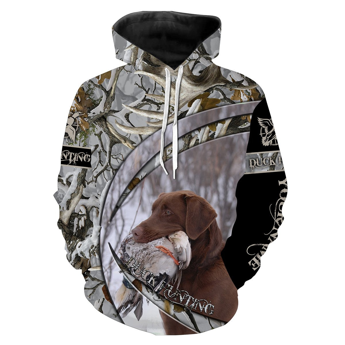 Duck Hunting With Dog Chocolate Labrador Retriever winter waterfowl camo Customize Name 3D All Over Printed Shirt, Hunting gift NQS2631