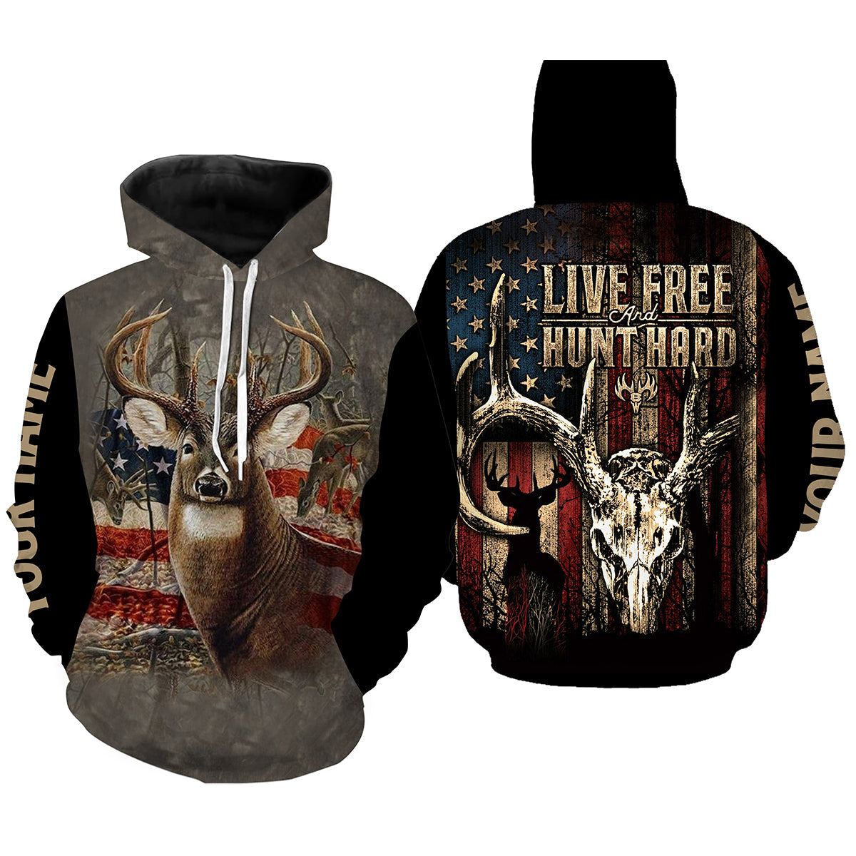 Deer skull hunting American flag patriotic "Live free and hunt hard" custom camo hunting 3d shirts NQS1180 Hoodie