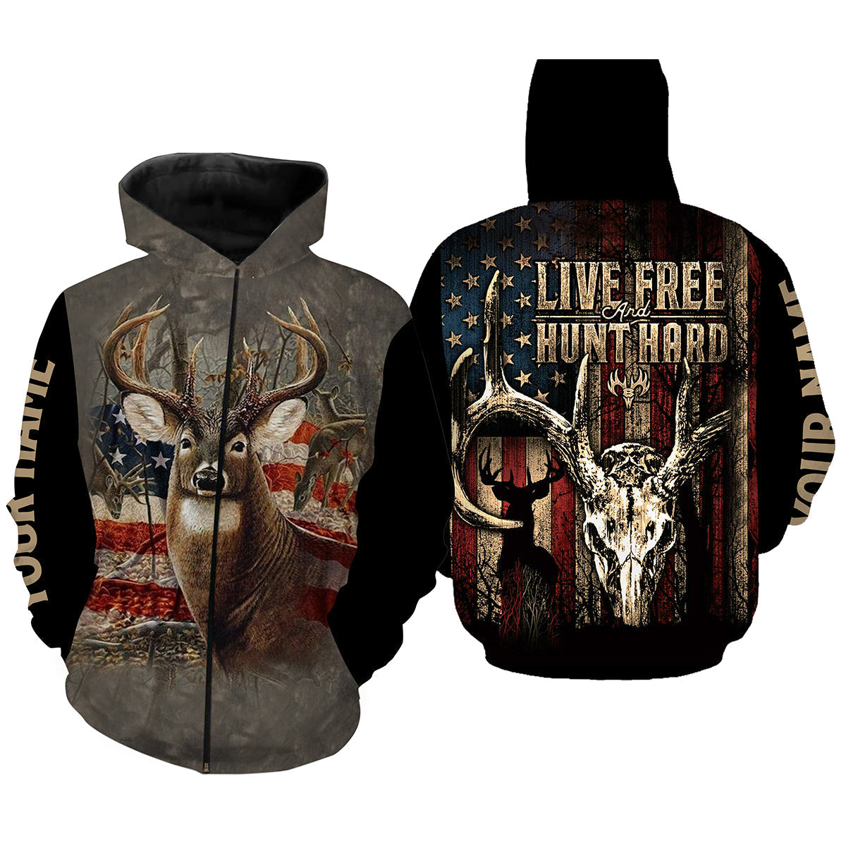 Deer skull hunting American flag patriotic "Live free and hunt hard" custom camo hunting 3d shirts NQS1180 Zip up hoodie